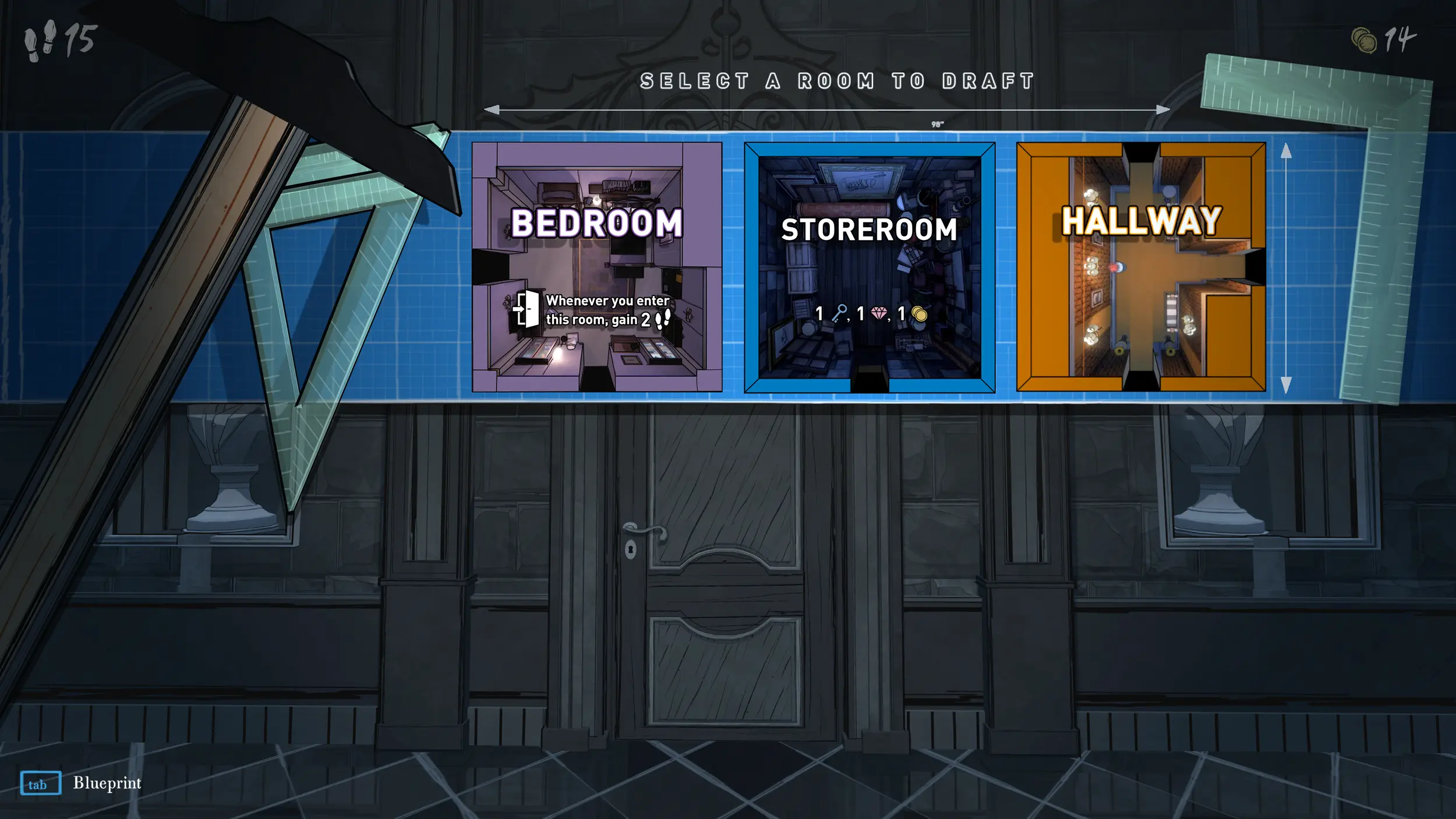 Blue Prince boudoir with hidden secrets and ornate furniture